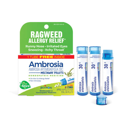 RAGWEED ALLERGY RELIEF* Ambrosia 30C, Homeopathic Medicine for Relief of Hay Fever, 3 Tubes, 80 Pellets Each, Includes 1 FREE Tube, Boiron