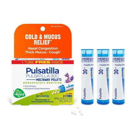 COLD & MUCUS RELIEF* Pulsatilla 30C, 3 Tubes, 80 Pellets Each, Includes 1 FREE Tube