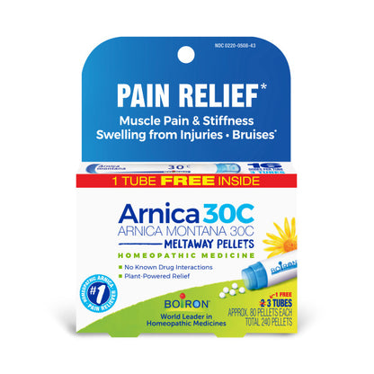 Arnica Montana 30C, Homeopathic Medicine for Pain Relief, 3 Tubes, 80 Pellets Each, Includes 1 FREE Tube, Boiron