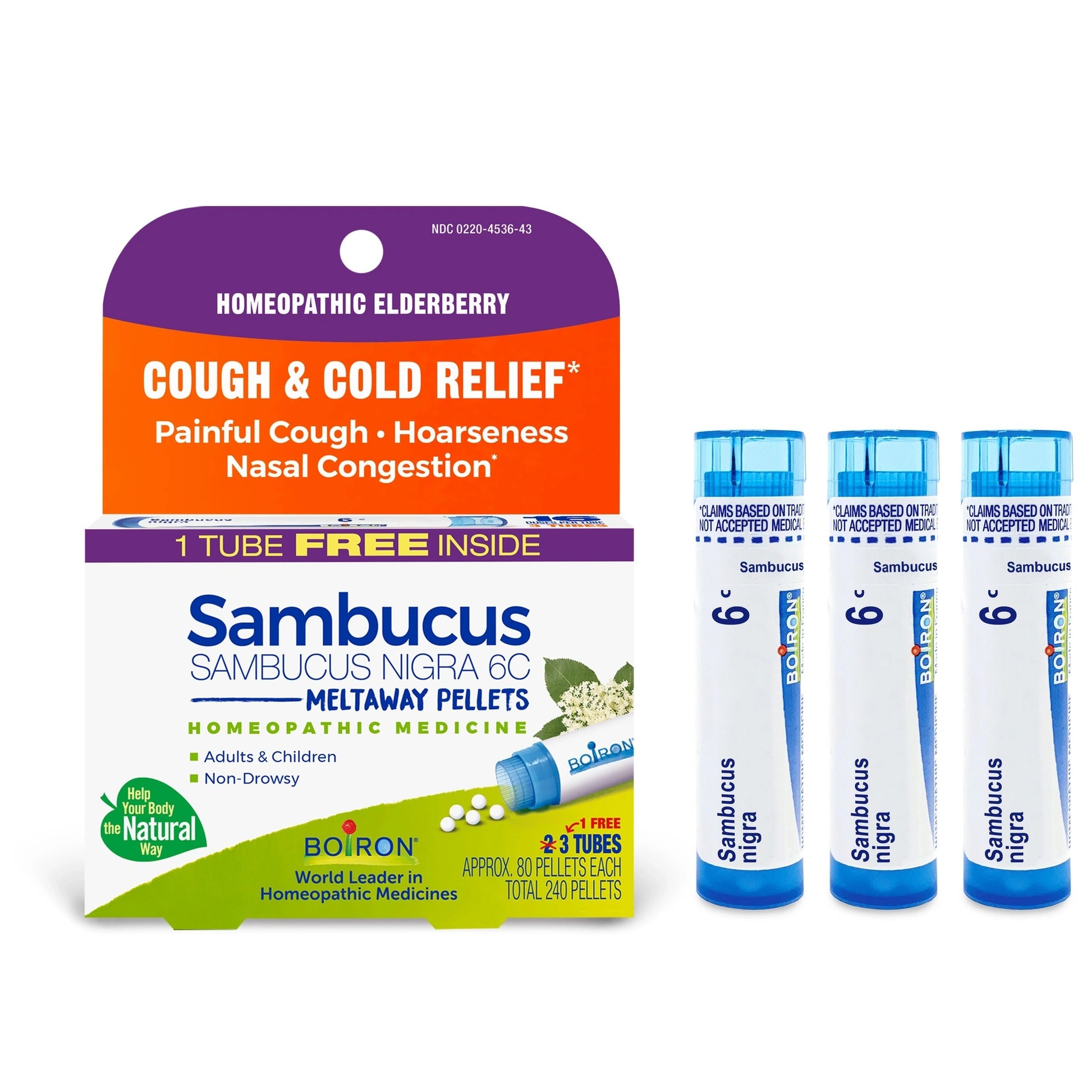 COUGH & COLD RELIEF* Sambucus 6C, 3 Tubes, 80 Pellets Each, Includes 1 FREE Tube