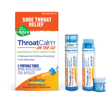 ThroatCalm On the Go, Homeopathic Medicine to Relieve Red, Dry, Raw Sore Throat and Hoarseness, 2 Tubes (Approx. 80 Pellets Per Tube), Boiron