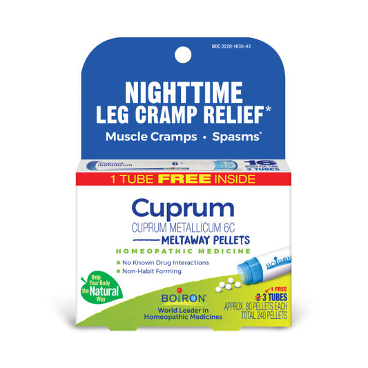 NIGHTTIME LEG CRAMP RELIEF* Cuprum Metallicum 6C, 3 Tubes, 80 Pellets Each, Includes 1 FREE Tube, Boiron